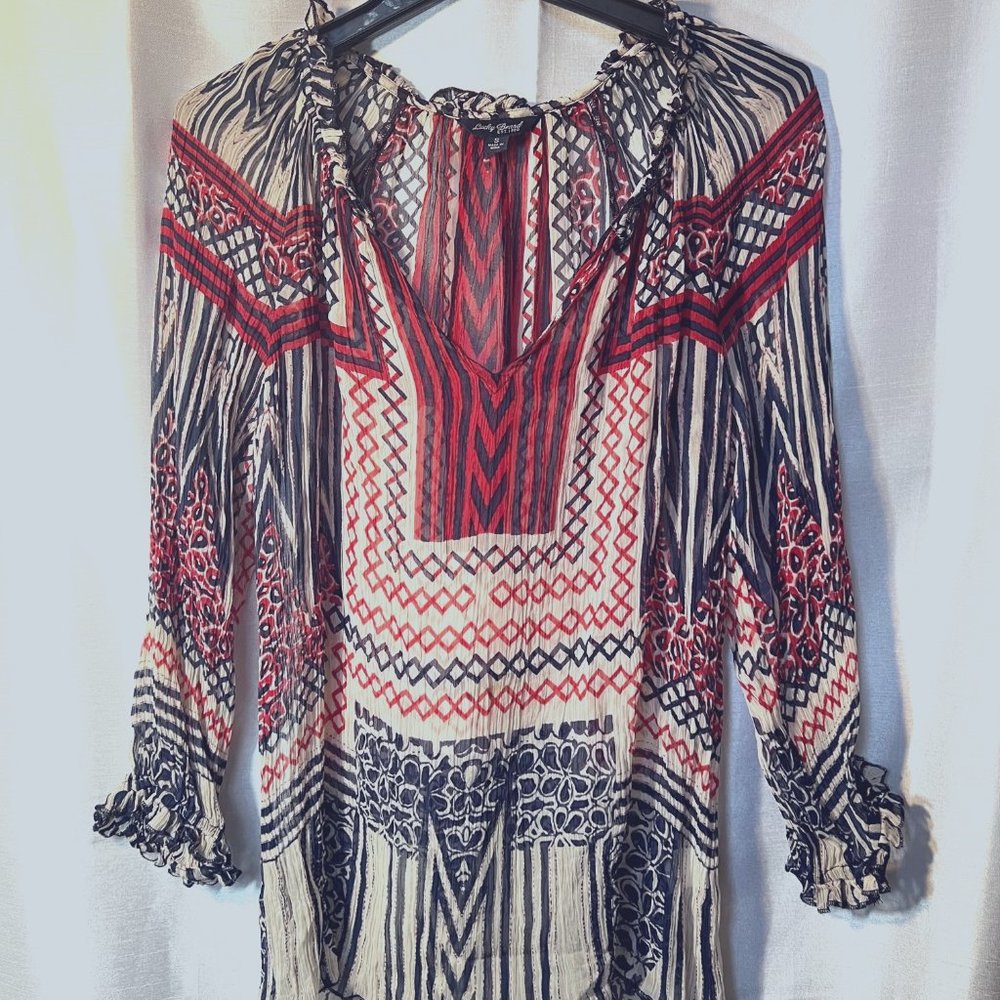 Lucky Brand-Ruffle on V Neck & Sleeves-See thru top-Size Small-Red, White & Blue